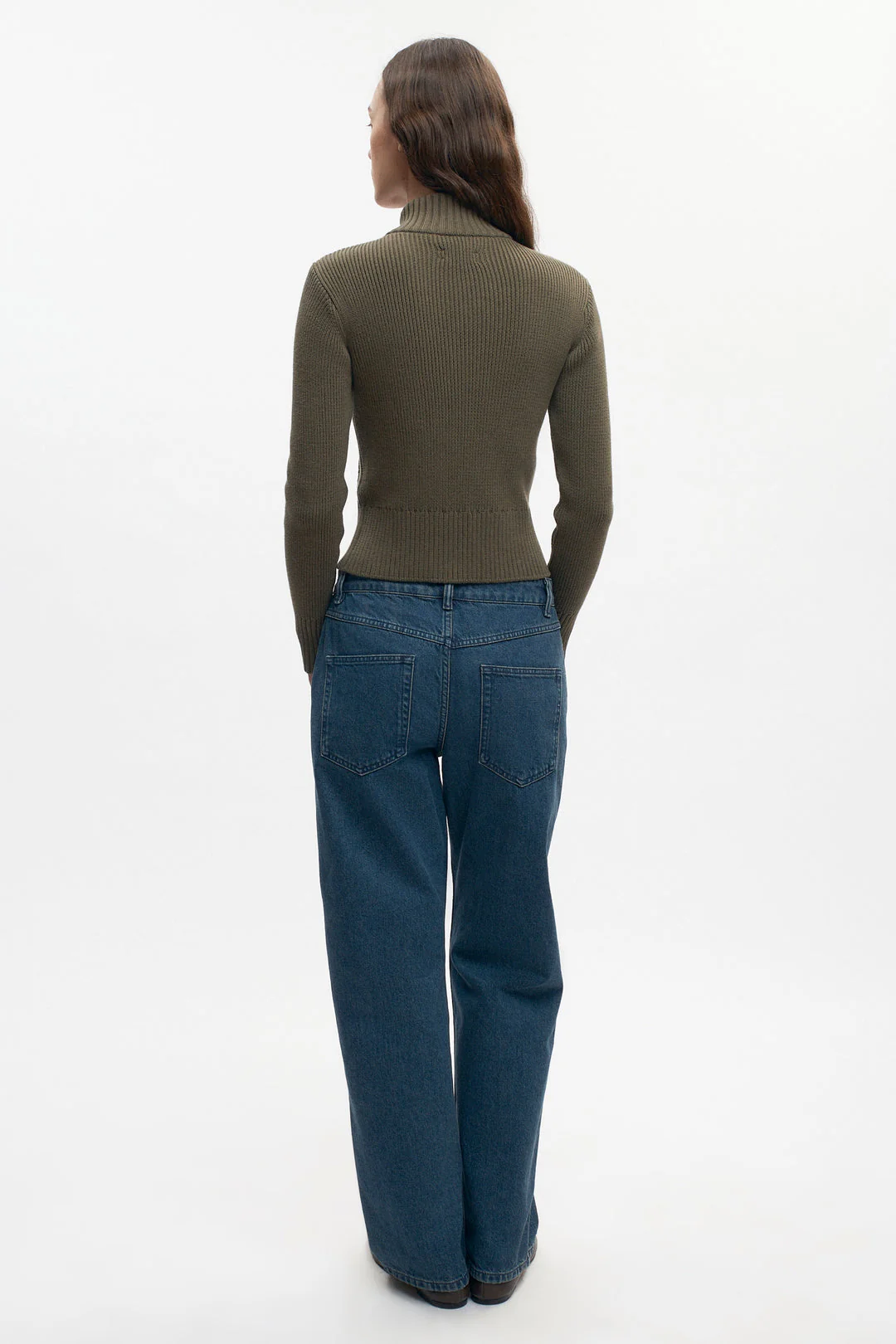 Asymmetric Cotton Zip Sweater in Olive Green - Image 2