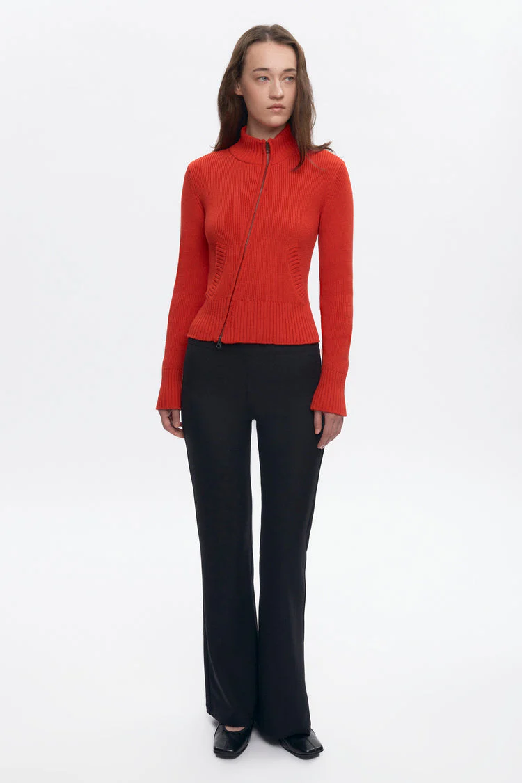 Asymmetric Cotton Zip Sweater in Fiery Red