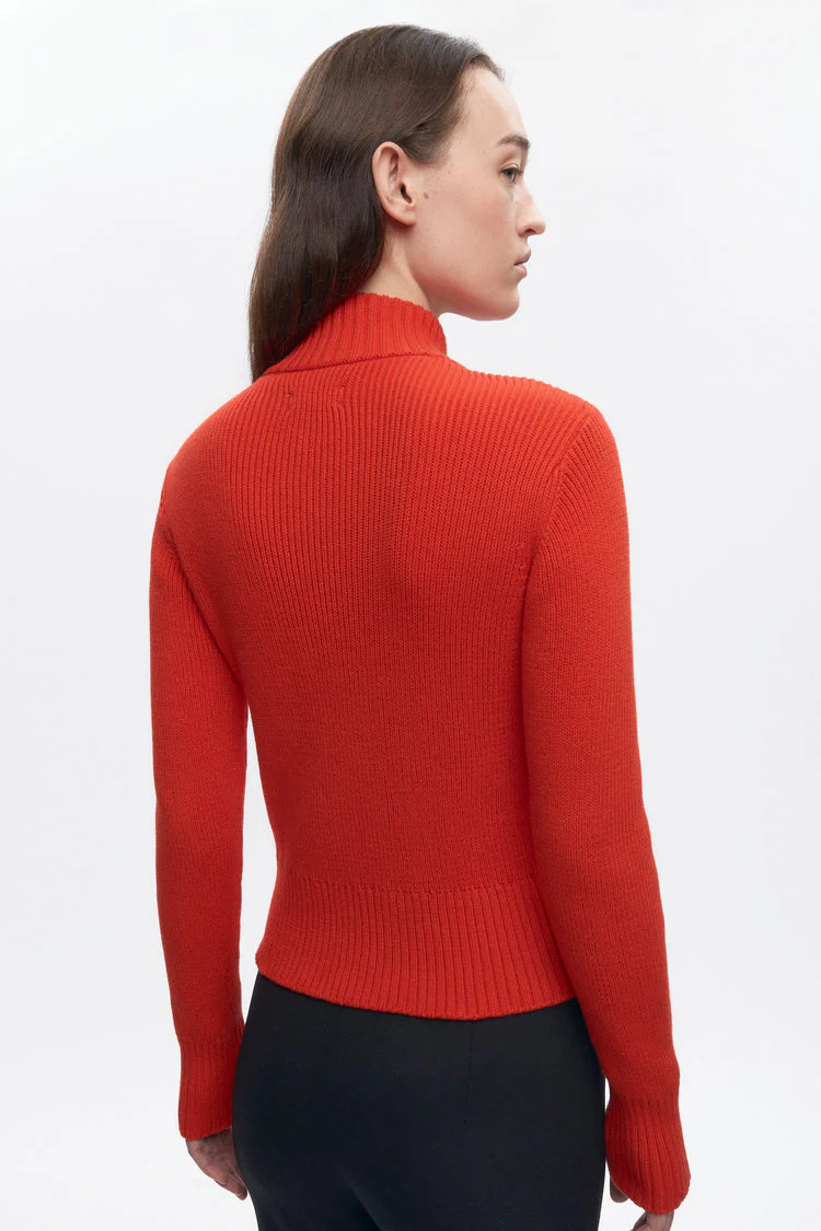 Asymmetric Cotton Zip Sweater in Fiery Red - Image 2
