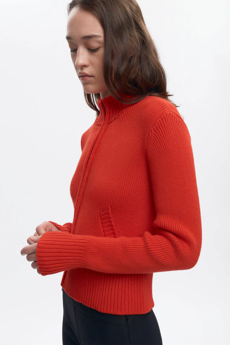 Asymmetric Cotton Zip Sweater in Fiery Red - Image 3