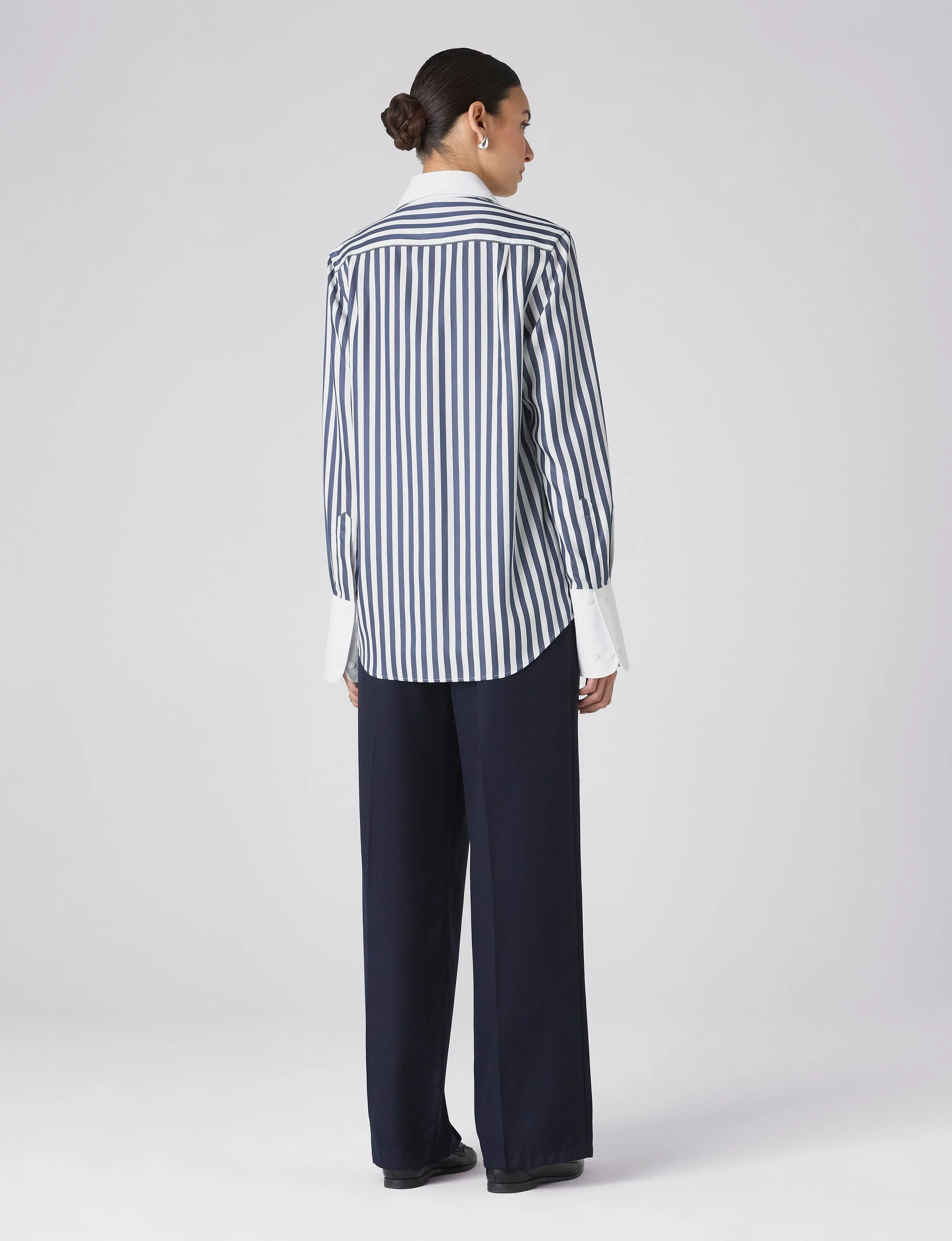 Boyfriend Exaggerated Cuff Tencel Button Down Shirt in Navy Blue Stripe - Image 3