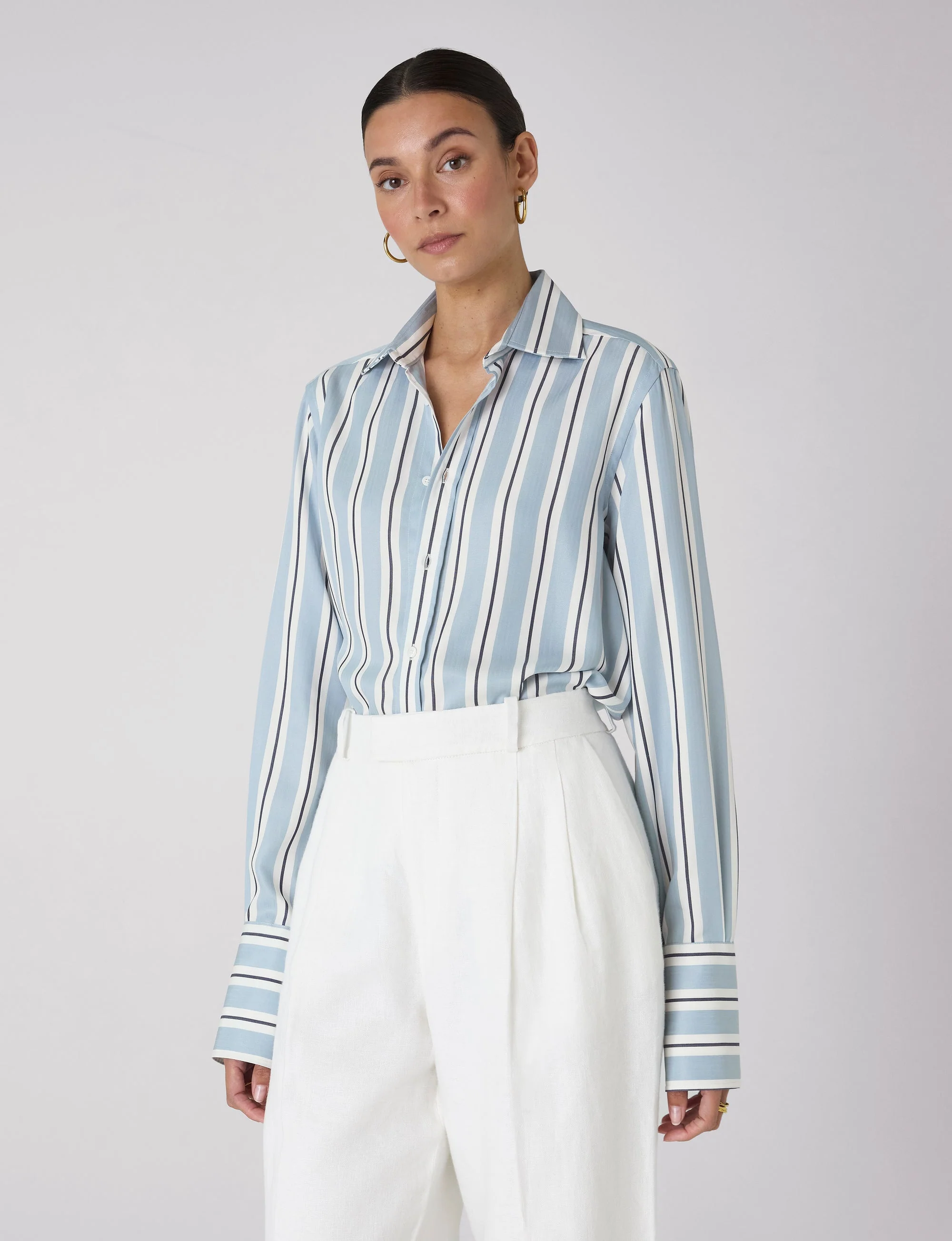 Boyfriend Exaggerated Cuff Tencel Button Down Shirt in Slate and Blue Stripe - Image 2