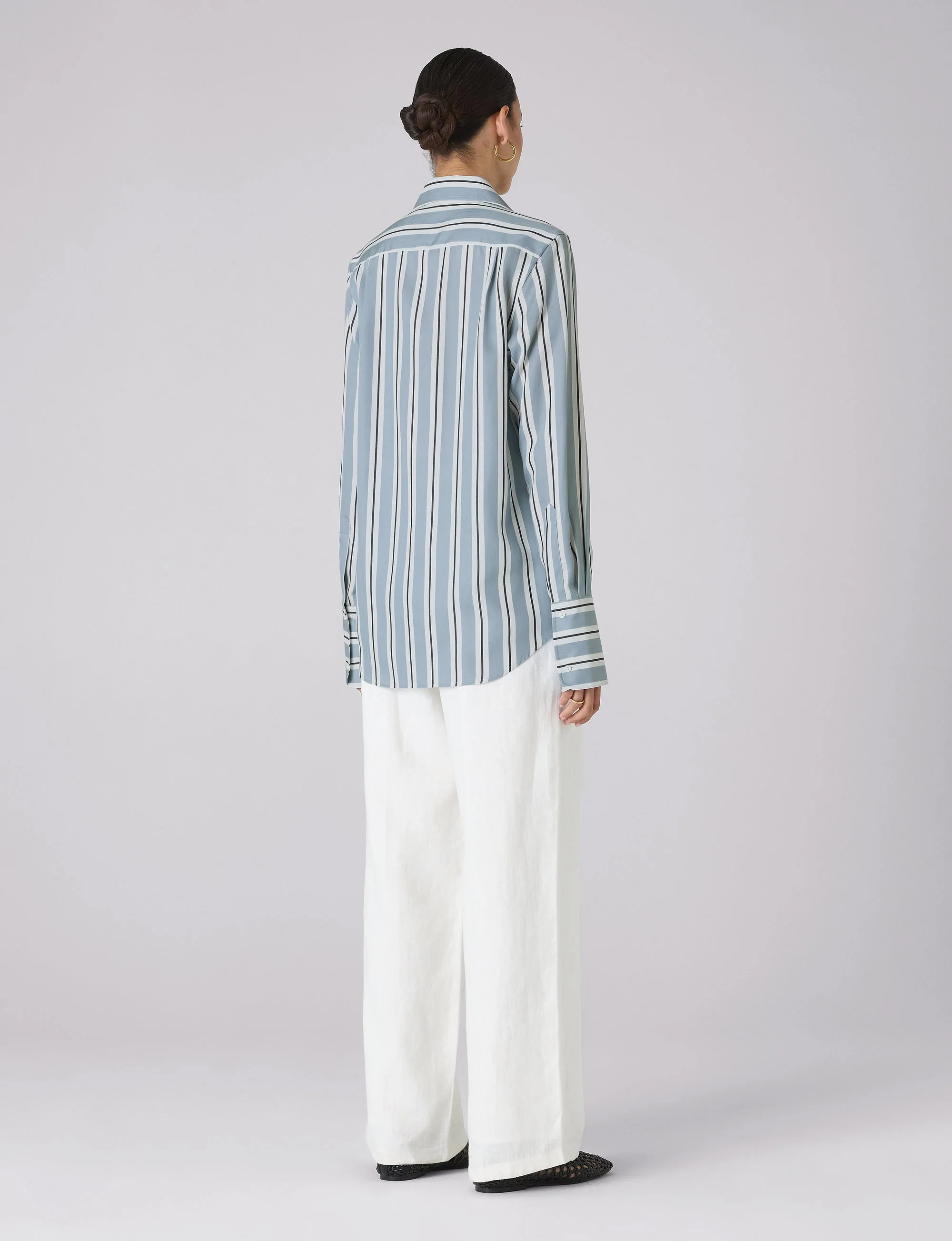 Boyfriend Exaggerated Cuff Tencel Button Down Shirt in Slate and Blue Stripe - Image 4