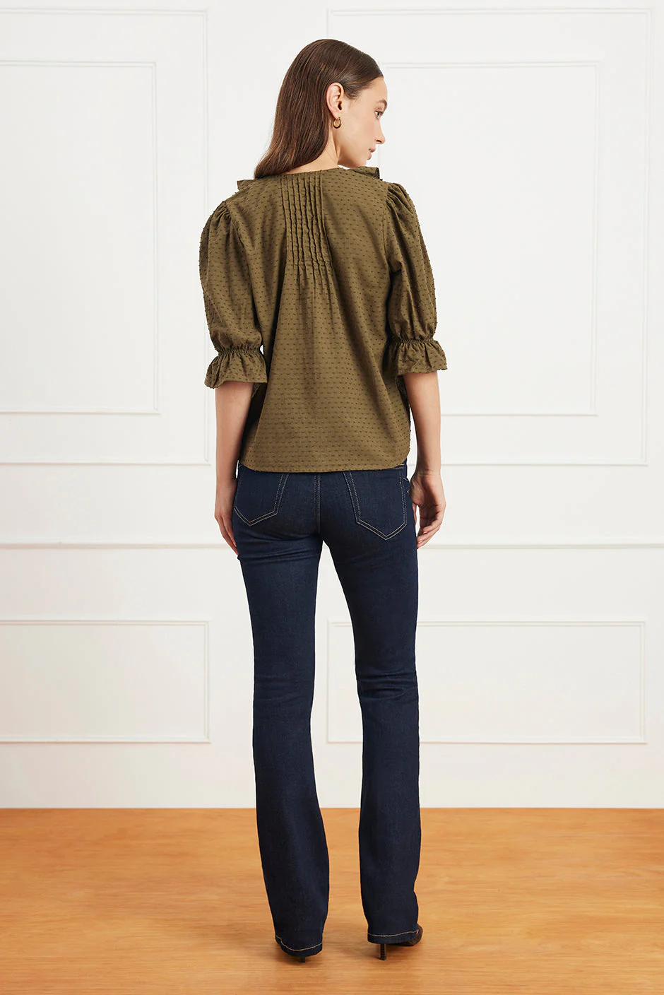 Chloe Cotton Pintucked Shirt in Olive Green - Image 3