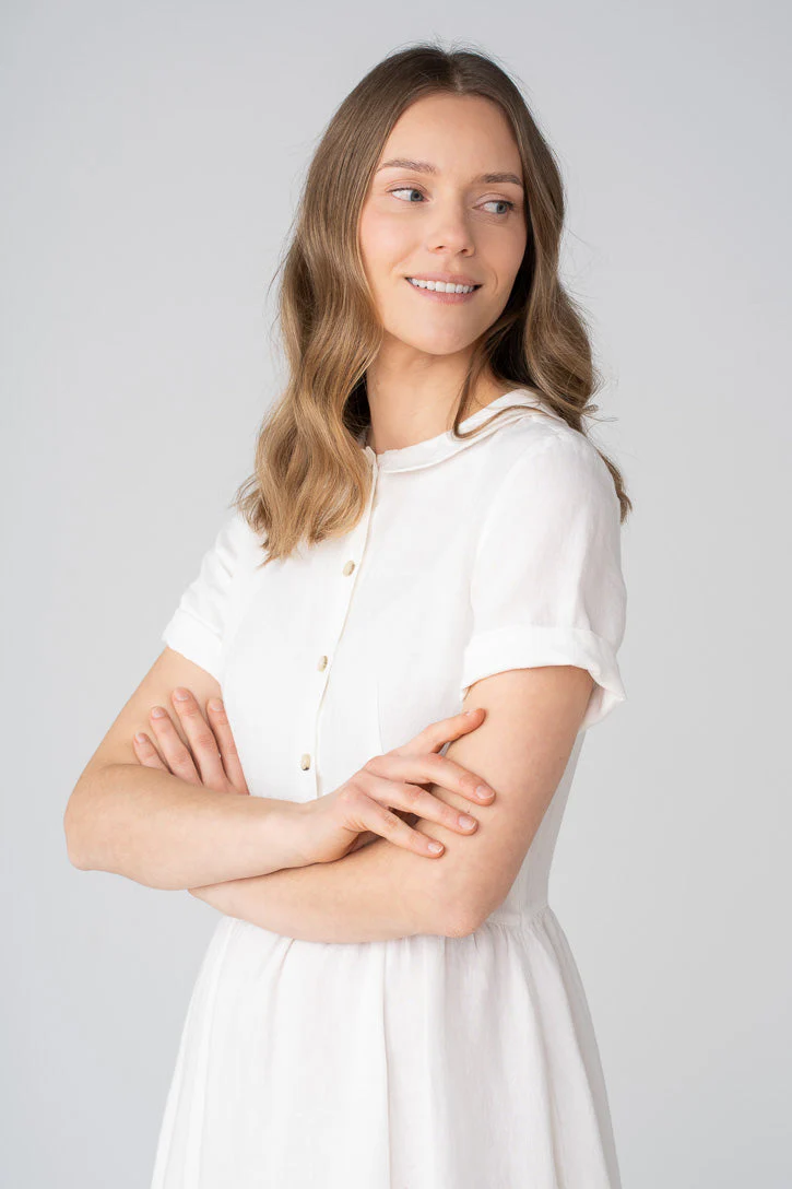 Classic Short Sleeve Linen Dress in White - Image 2