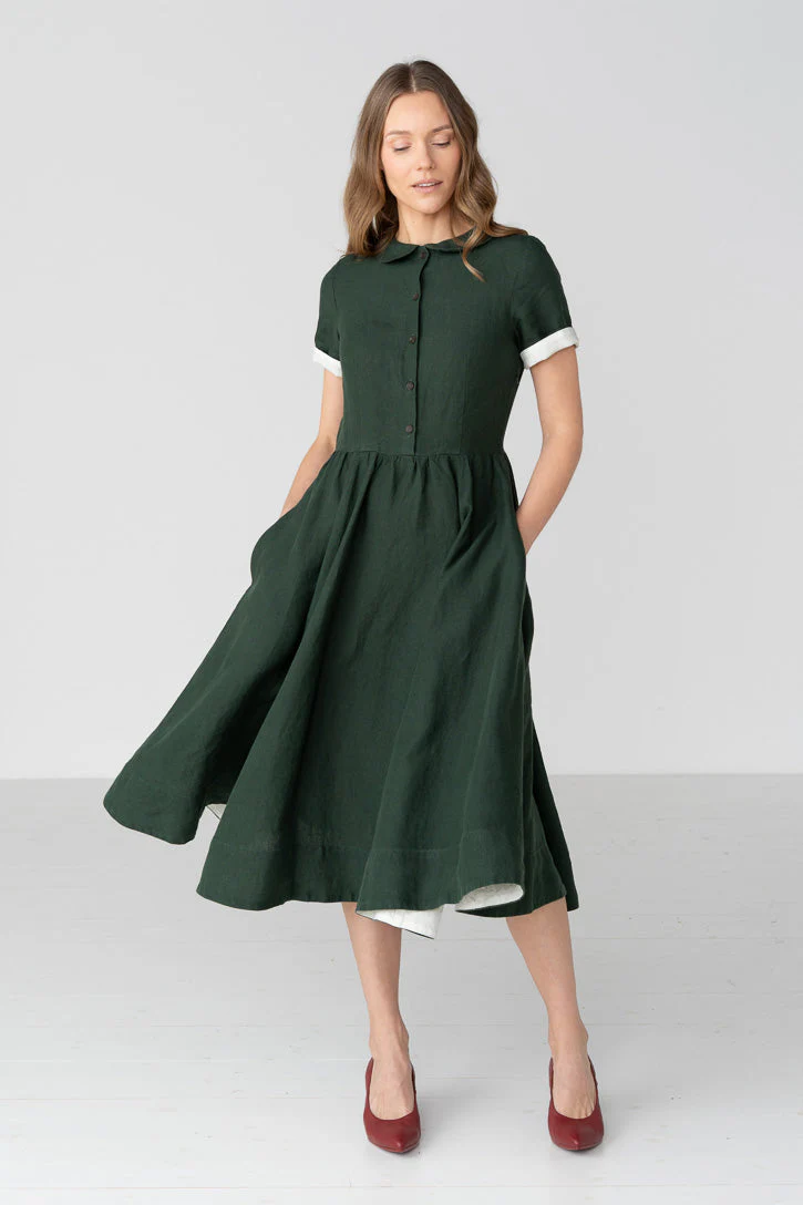 Classic Short Sleeve Linen Dress in White - Image 8