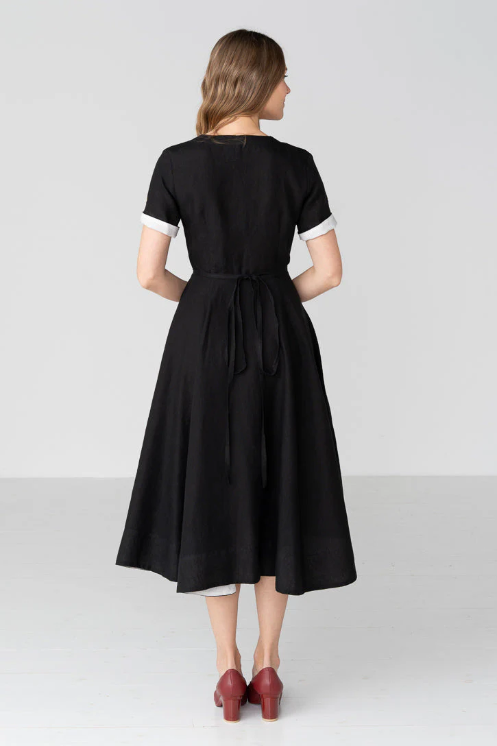 Linen V-Neck Wrap Midi Dress in Green - Image 10