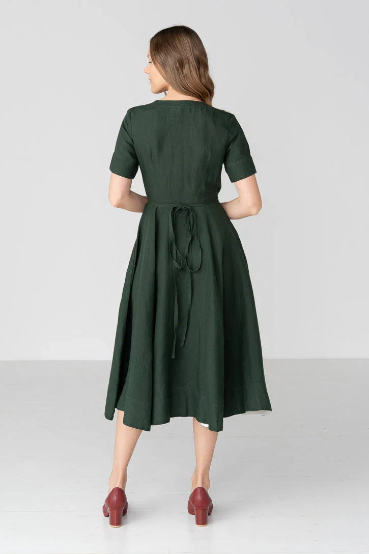 Linen V-Neck Wrap Midi Dress in Green - Image 3