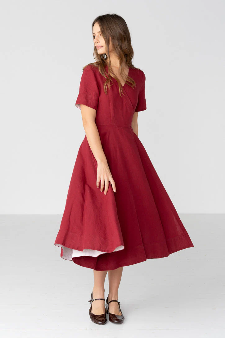 Linen V-Neck Wrap Midi Dress in Green - Image 4
