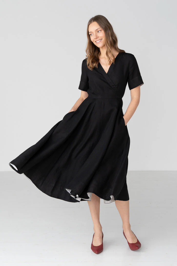 Linen V-Neck Wrap Midi Dress in Green - Image 7