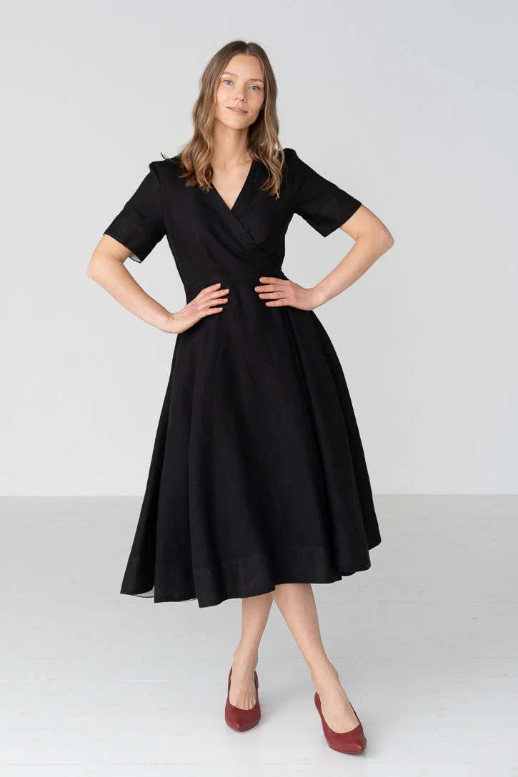 Linen V-Neck Wrap Midi Dress in Green - Image 8
