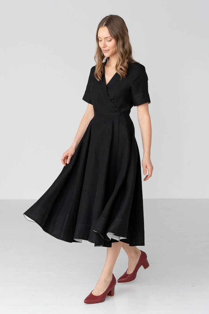 Linen V-Neck Wrap Midi Dress in Green - Image 9