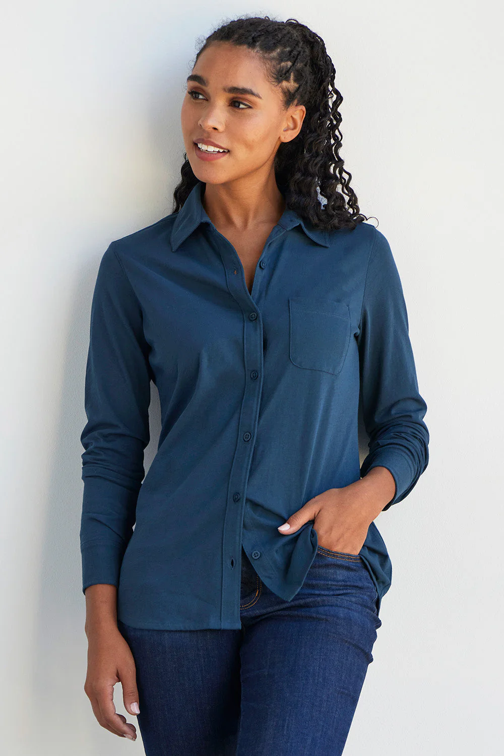 Organic Cotton Knit Button Down Shirt in Burgundy - Image 7