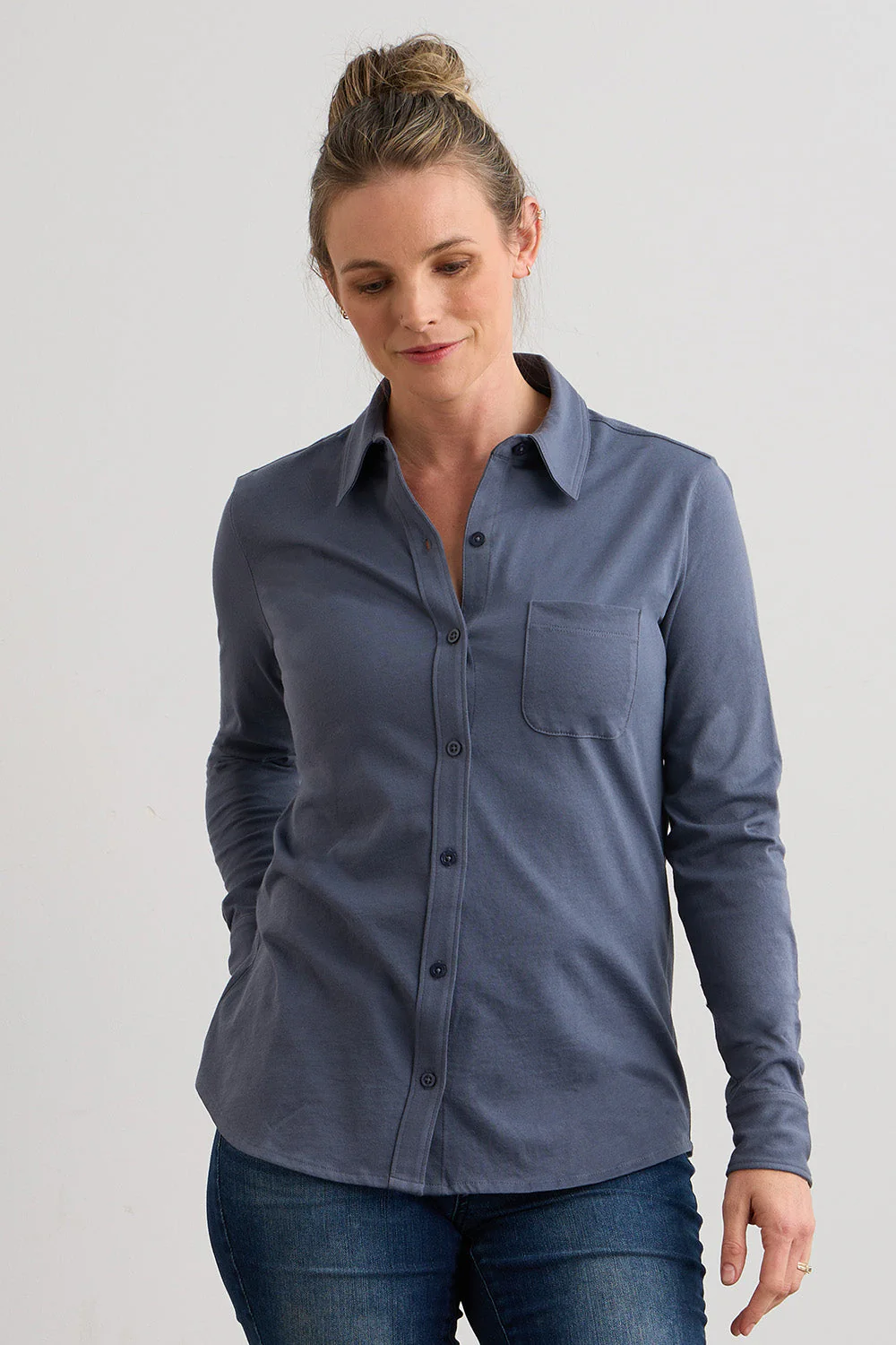 Organic Cotton Knit Button Down Shirt in Burgundy - Image 6