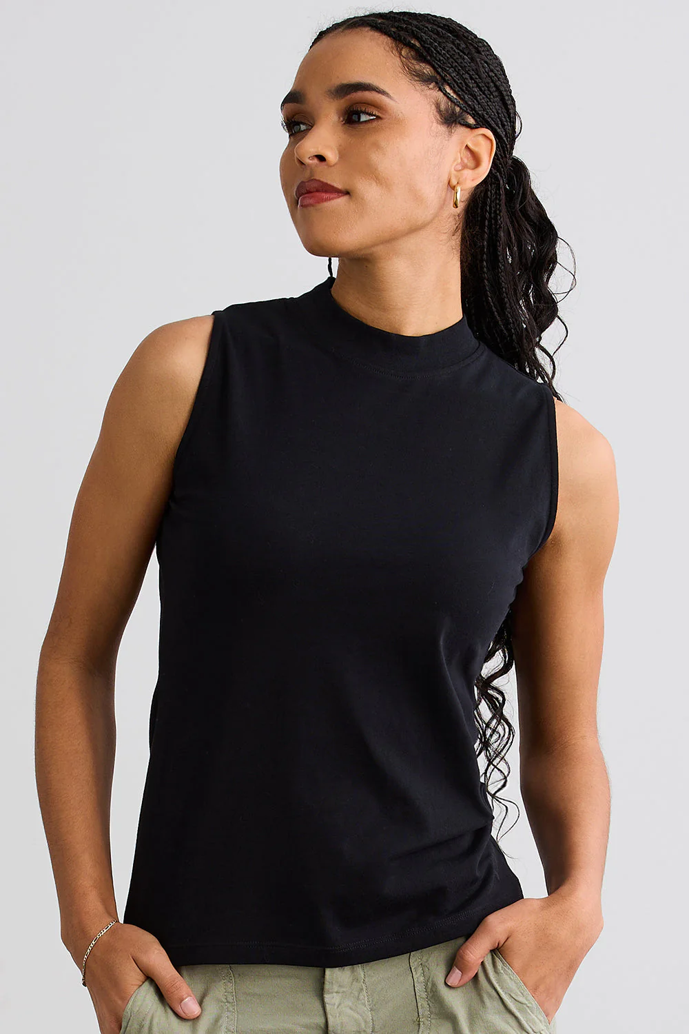 Organic Cotton Sleeveless Mock Neck Top in Black - Image 2