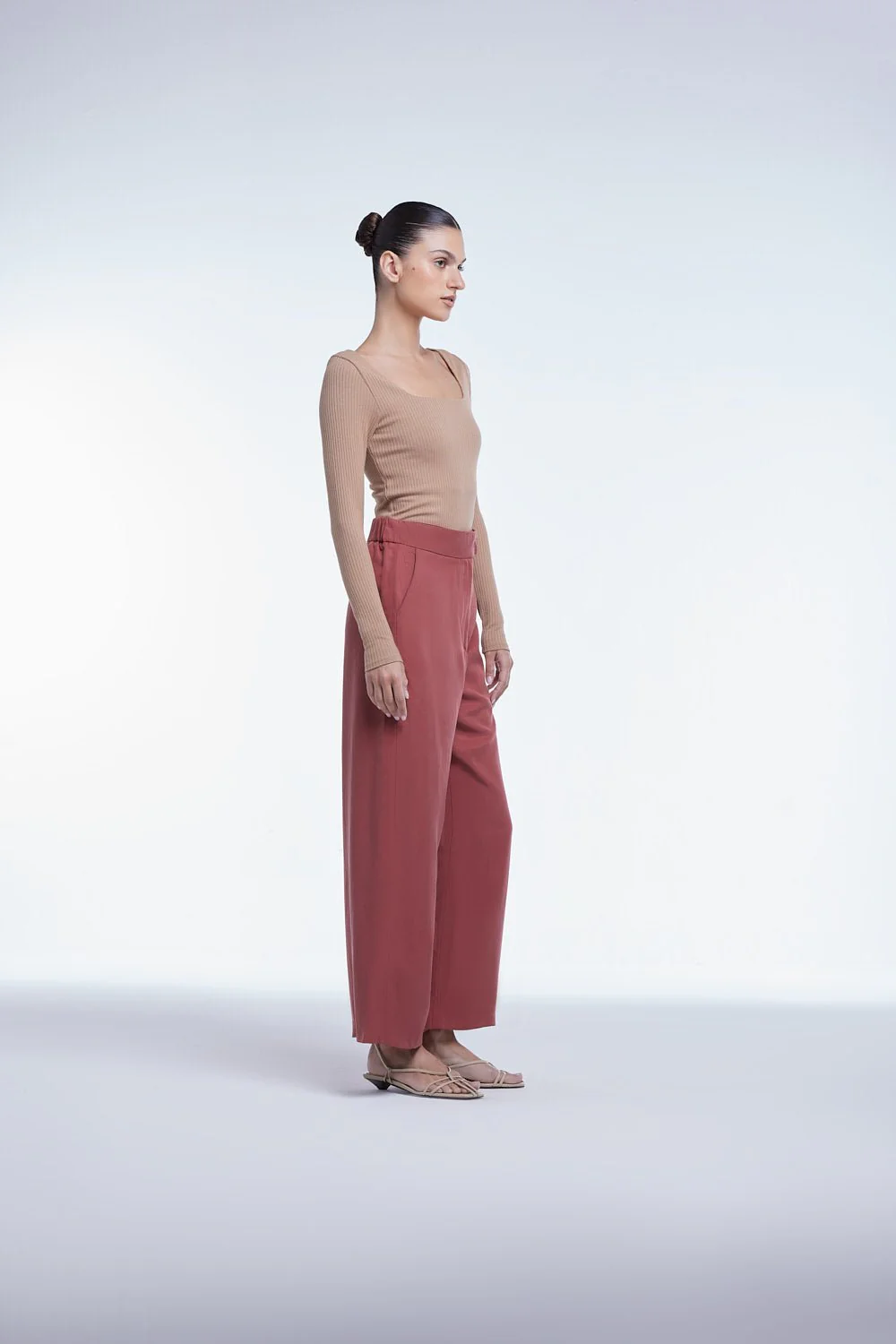 Relaxed Tencel Wide Leg Cropped Pants in Coffee Brown - Image 6