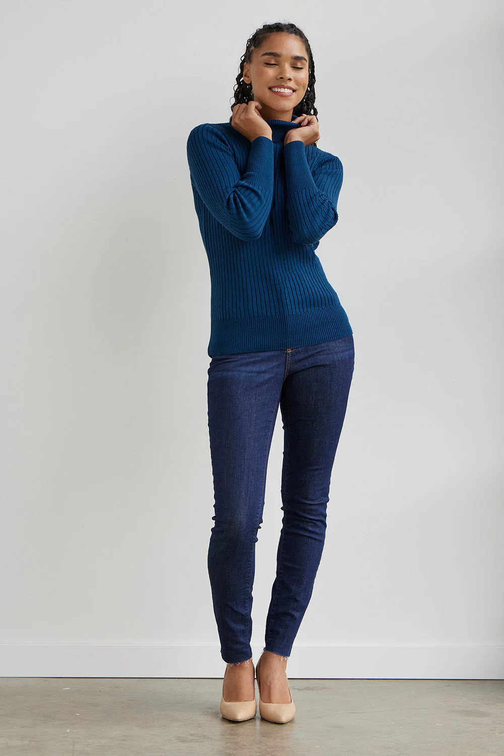 Ribbed Turtleneck Organic Cotton Sweater in Blue - Image 3