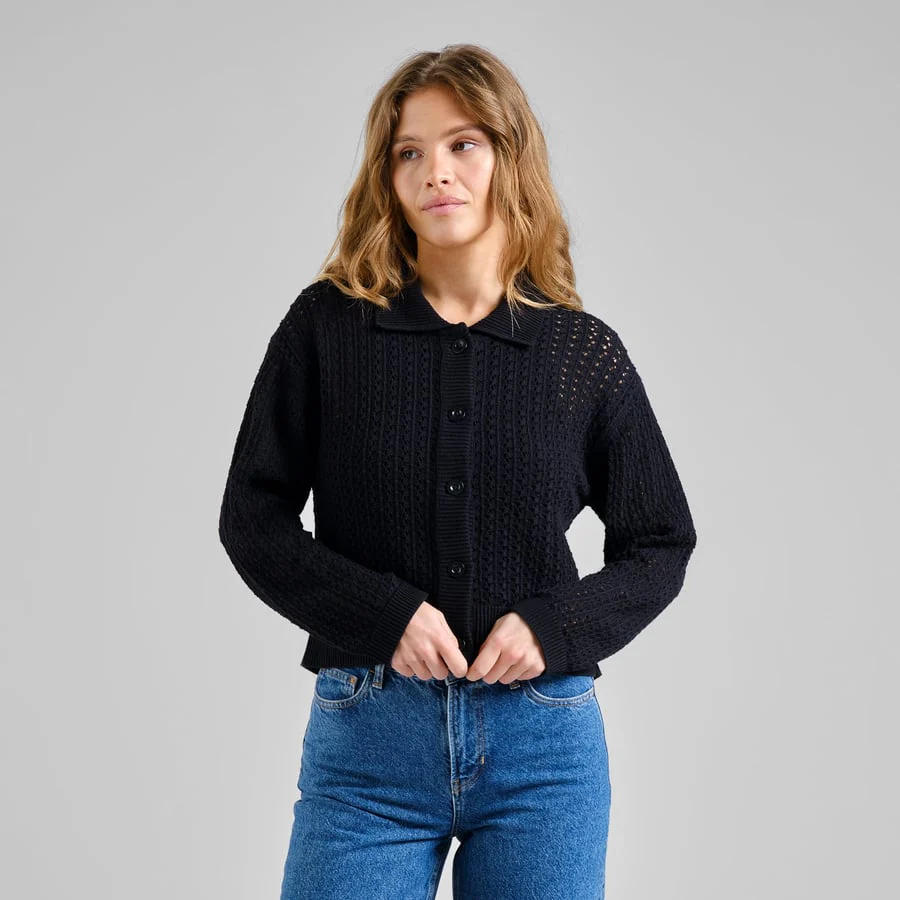 Rosendal Crochet Organic Cotton Knitted Cardigan in Black