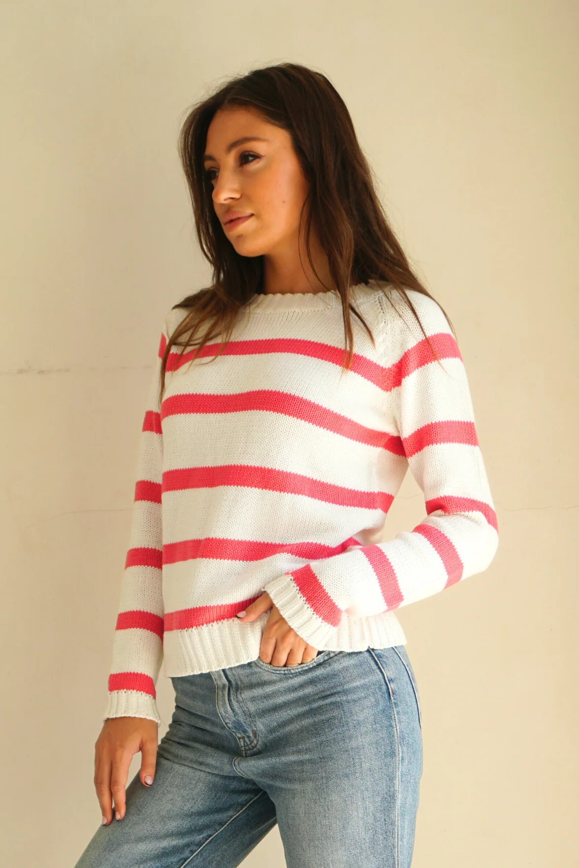 Stripe Sloane Crewneck in Raspberry - Image 3