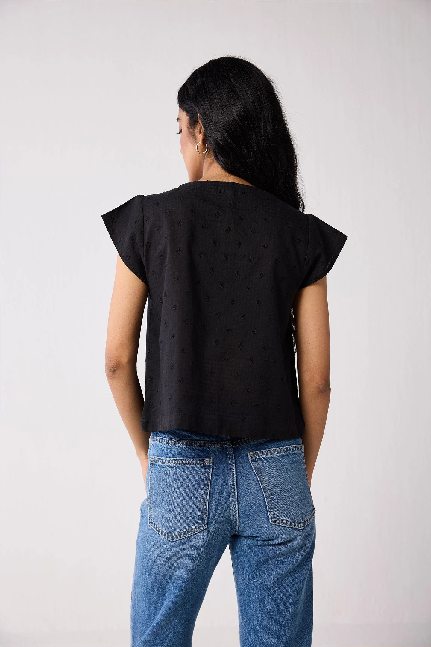 V-Neck Embroidered Top with Front Buttons in Black - Image 3