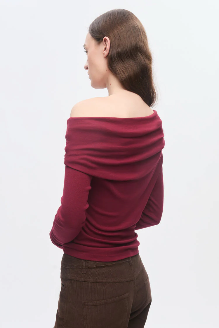 Zahra Cotton and Modal Off Shoulder Long Sleeve Top in Cabernet Red - Image 2